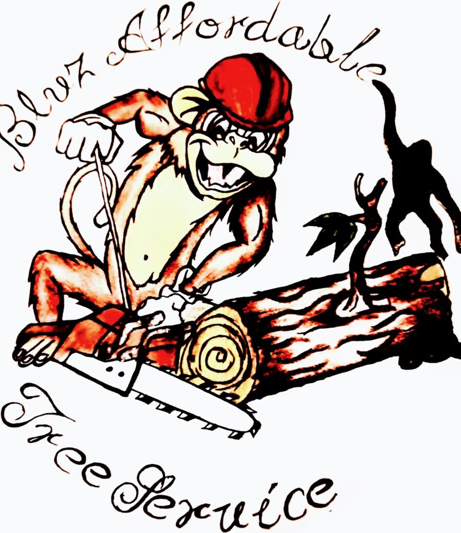 Bluz Affordable Tree Service logo: a monkey in a red hard hat cutting a log with a chainsaw